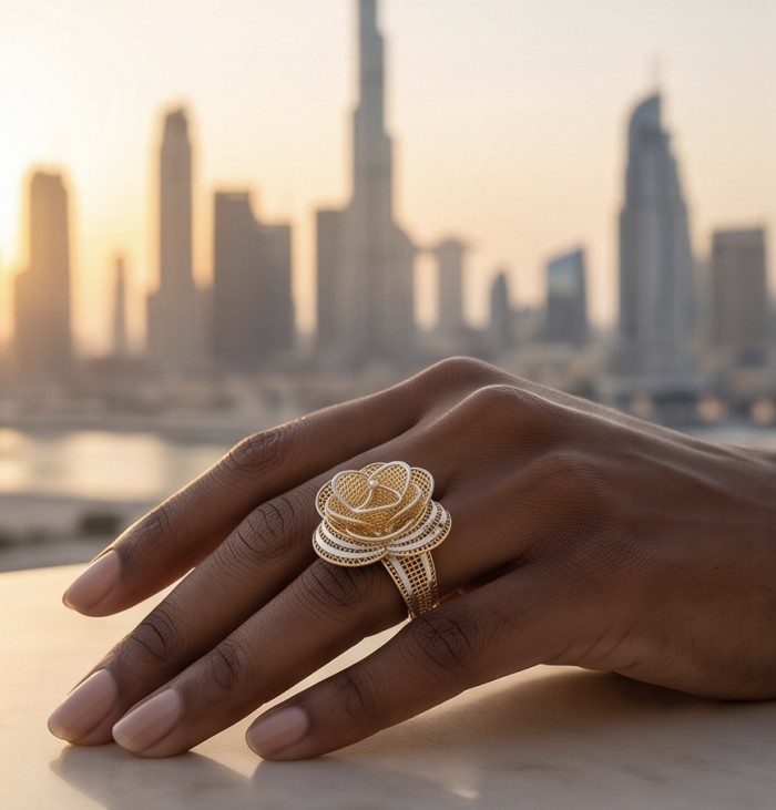 GOLDEN ROSE - Dubai Style - .925 Sterling Silver dipped in 22K Gold handmade Large ring size 8 - Golden rose ring on hand with Dubai skyline in background.