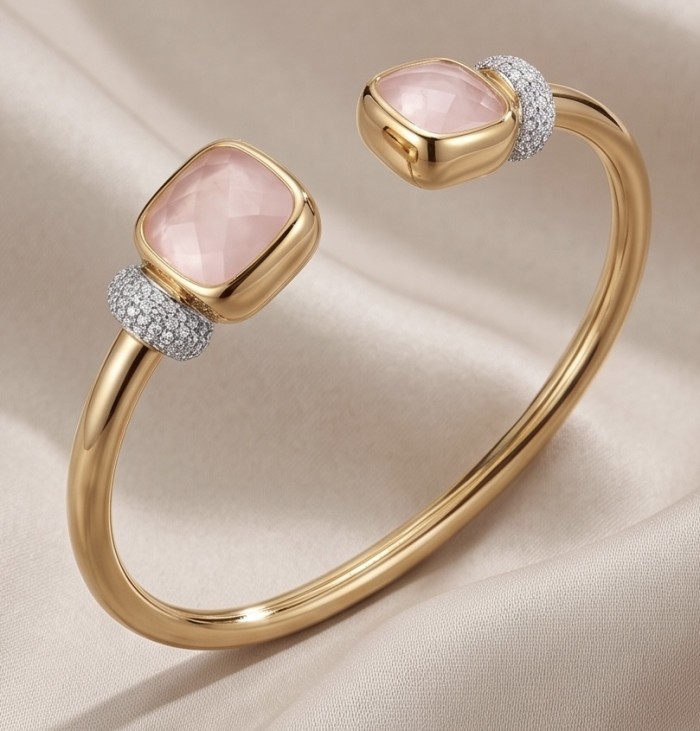 Precious Light Natural 8.2 carat Rose Quartz 0.6 carat Moissanite 14K Gold over .925 Sterling Silver open-ended bracelet - Gold bangle with rose quartz and moissanite detail, top view.
