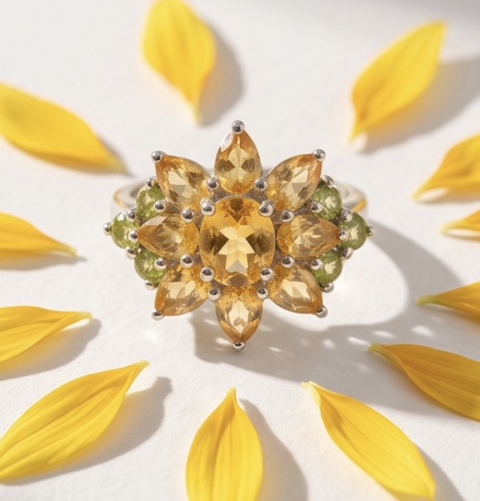 Victoria Authentic 15.5 carat Brazilian Citrine .925 Sterling Silver brilliantly dipped in rhodium handcrafted Statement ring; s. 8 - Close-up of Victoria Authentic ring with Brazilian Citrine stones.