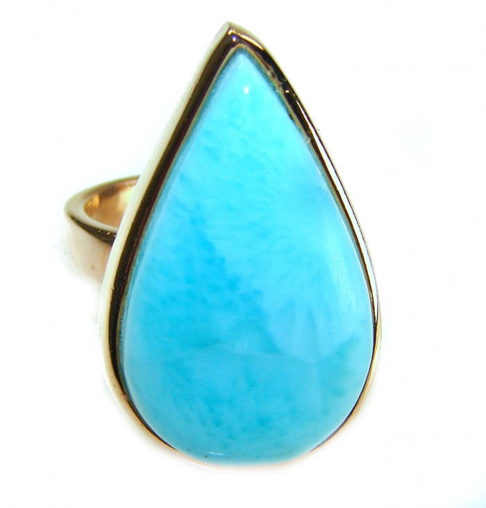 Blue Perfection Blue Larimar 18K Gold over .925 Sterling Silver handmade Large ring size 8 adjustable - Close-up of Blue Larimar teardrop ring in 18K gold over sterling silver.