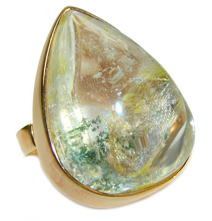 Magic genuine Phantom Quartz 18K Gold over .925 Sterling Silver handmade Cocktail Ring s. 8 adjustable - Close-up of a teardrop Phantom Quartz ring in 18K Gold over Sterling Silver.
