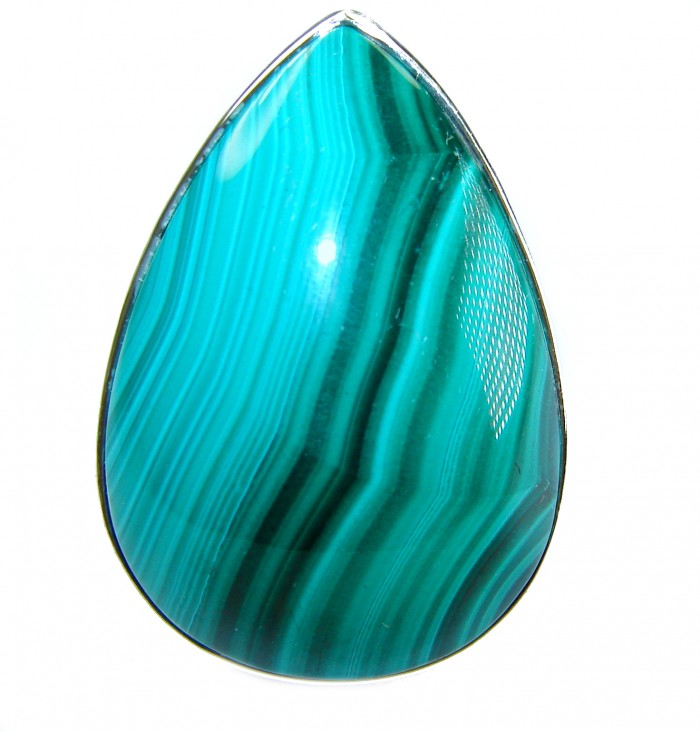 25.5 CARAT genuine Malachite .925 Sterling Silver handcrafted ring size 7 adjustable - Teardrop-shaped Malachite stone close-up in sterling silver setting.