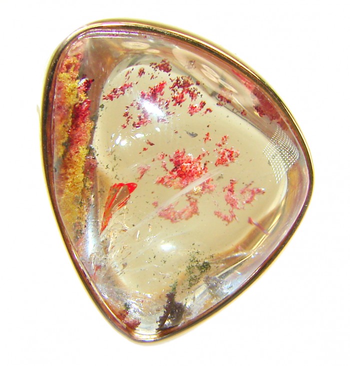 Best quality Golden Rutilated Quartz 14K Gold over .925 Sterling Silver handcrafted Ring Size 7 - Close-up of Golden Rutilated Quartz stone in triangular setting.
