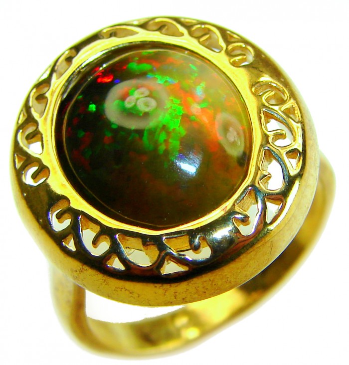 Milky way Genuine 14.2 carat Black Opal 18K Gold over .925 Sterling Silver handmade Ring size 7 3/4 - Close-up of Milky Way Black Opal ring in 18K gold setting.