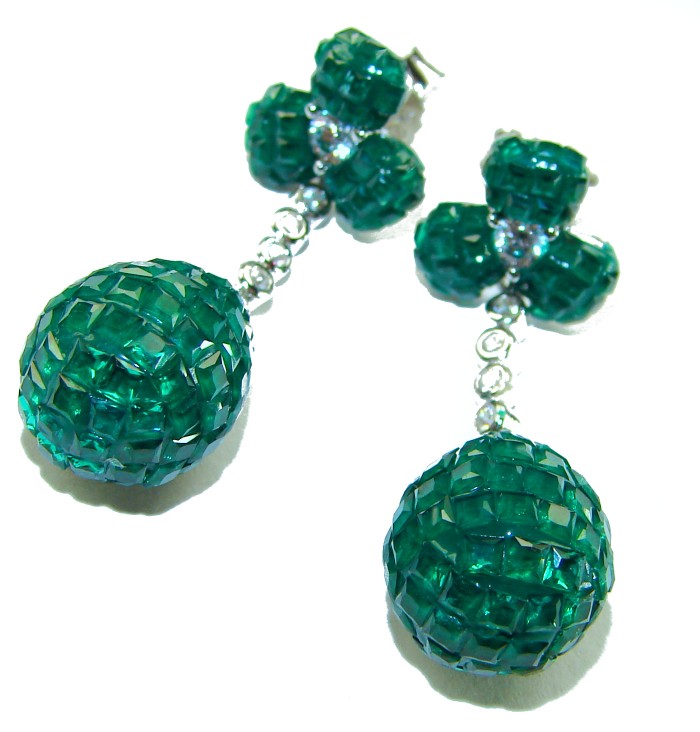 Giovanna - Authentic 21.9 carat Emerlad .925 Sterling Silver handcrafted earrings - Close-up of emerald earrings with sterling silver accents.