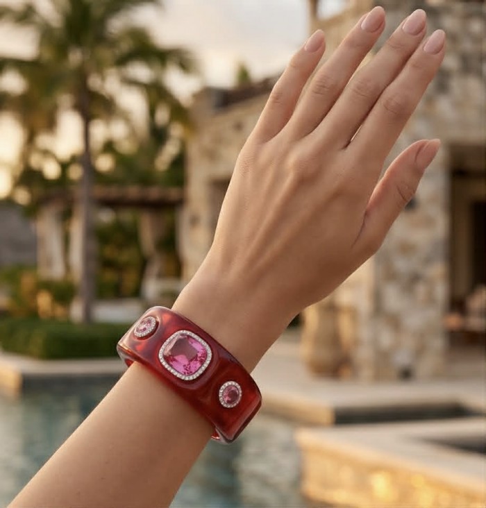 Candy Store - Modern Design Natural Red Raisin Pink Topaz .925 Sterling Silver bracelet - Bracelet worn on wrist showcasing red resin and pink topaz stones.