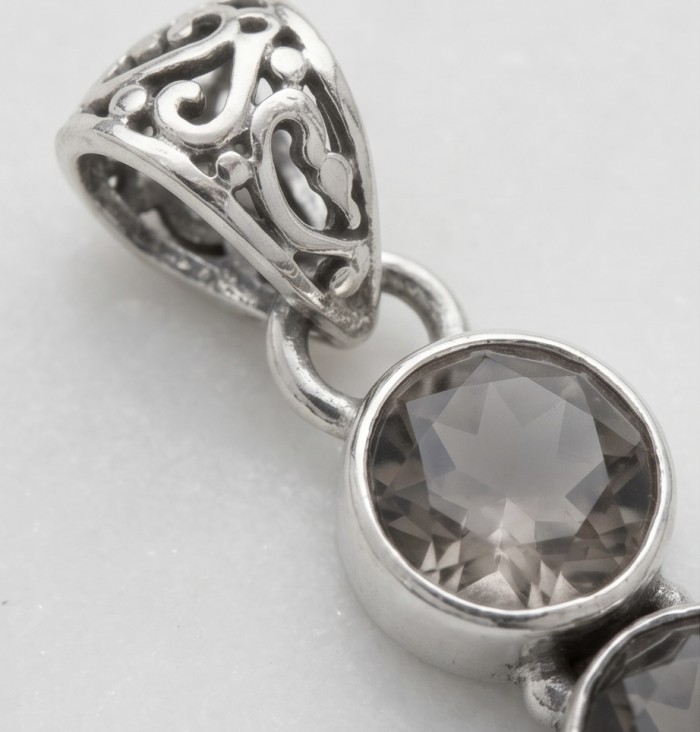 Penelope - 21.5 carat Smoky Topaz .925 Sterling Silver handmade Pendant - Stone close-up of Penelope Smoky Topaz, sterling silver setting.