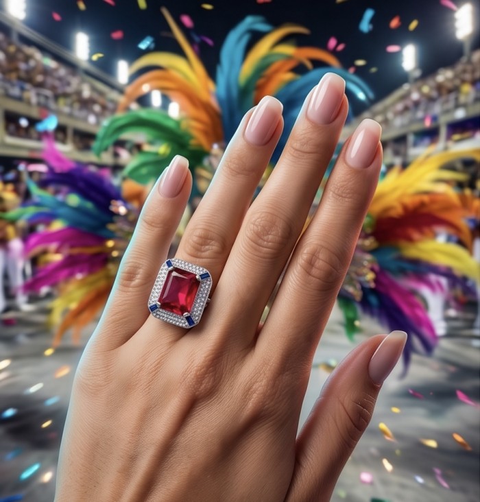 Art Deco 16.6 ctw Ruby .925 Sterling Silver handcrafted Statement Ring size 8 1/4 - Ruby ring worn on hand with colorful carnival background.
