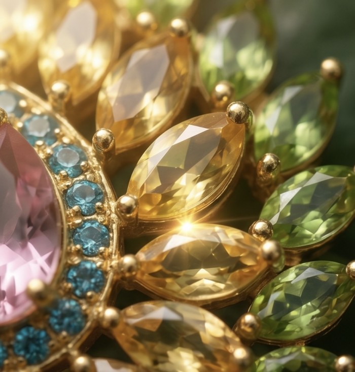 Giovanna - Victorian style - 55.5 carat Authentic Rose Quartz Brazilian Peridot .925 Sterling Silver handcrafted Pendant - Close-up of Giovanna Victorian-style jewelry with colorful gemstones.