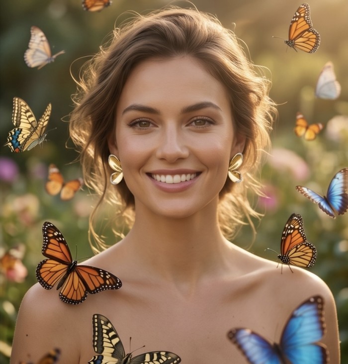 Lotus White Topaz highly polished 18K Gold over .925 Sterling Silver Italy made Earrings - Woman wearing Lotus White Topaz gold earrings, surrounded by butterflies