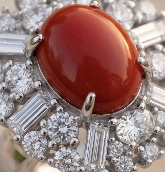 Elizabeth Natural Fossilized Coral 9.8 carat Moissanite .925 Sterling Silver handmade ring s. 7 1/4 - Close-up of Elizabeth ring with coral and moissanite stones.
