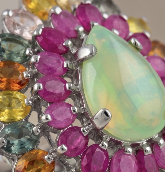 Royal quality genuine Prehnite rhodium over .925 Sterling Silver handcrafted .925 Sterling Silver handcrafted ring s. 6 3/4 - Close-up of colorful gemstone ring with prehnite centerpiece