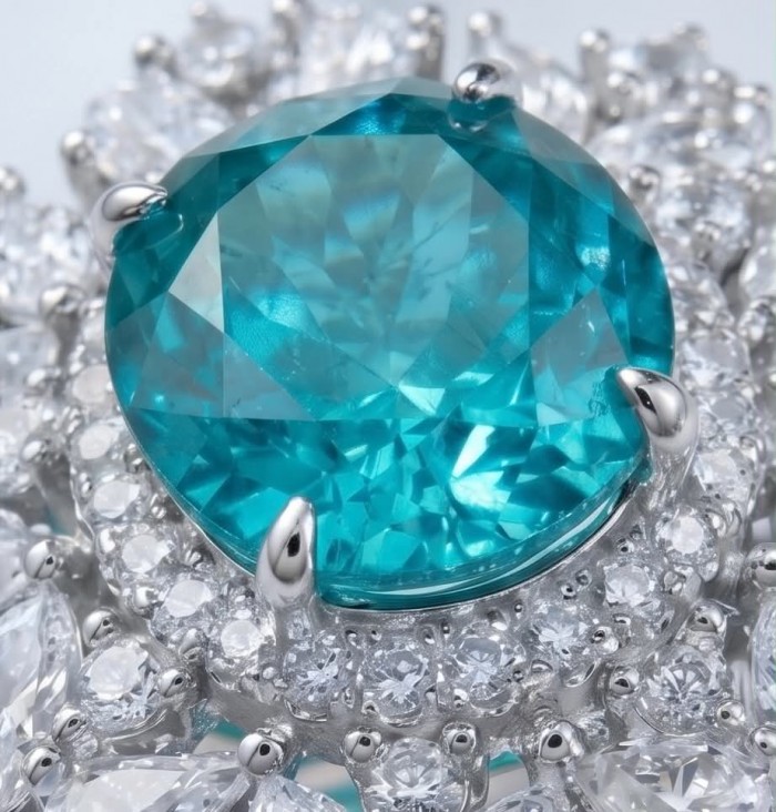 Wonderland 7.5 carat Brazilian Paraiba Tourmaline .925 Sterling Silver Handcrafted Ring size 5 - Close-up of 7.5 carat Brazilian Paraiba Tourmaline ring with diamonds.