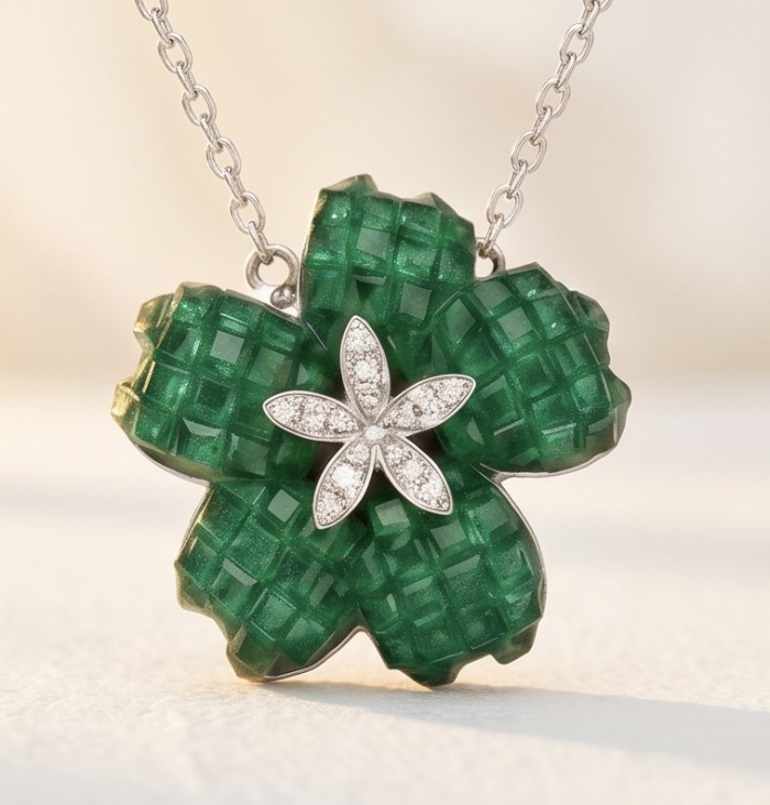 Peace 12.2 carat Graceful Authentic mystery setting Colombian Emerald .925 Sterling Silver handcrafted Statement necklace - Close-up of Peace pendant with green gemstone and diamond accents
