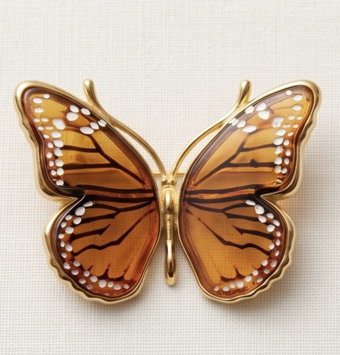 Golden Butterfly Authentic carved Baltic Amber 18K Gold over .925 Sterling Silver handcrafted pendant - Butterfly brooch front view in 18K gold and carved Baltic amber detailing.
