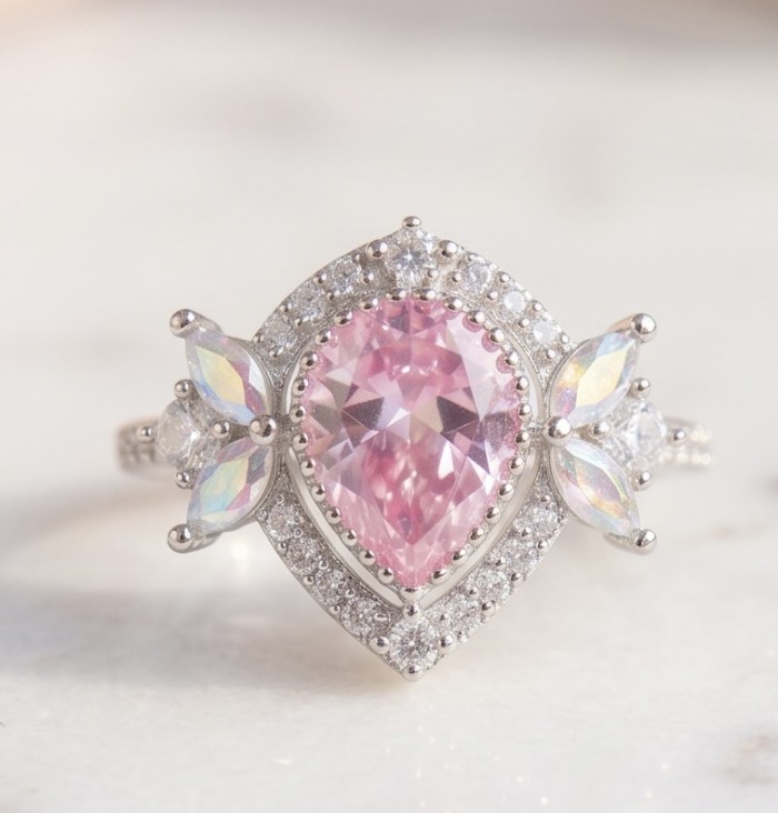 Isabella - Light Pastel 4.7 carat Kunzite .925 Silver handcrafted Cocktail Ring s. 7 1/2 - Close-up of Isabella ring with pastel Kunzite and silver detailing.