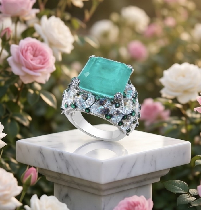 Scarlett 39.7 ctw Colombian Emerald .925 Sterling Silver dipped in 18K WHITE Gold handcrafted Statement Ring size 8 1/4 - Close-up of Scarlett 39.7 ctw Colombian Emerald on marble stand.