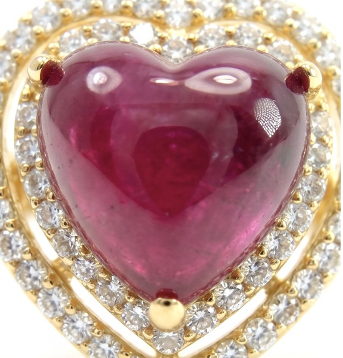 Enchanted Heart 6.9 carat natural Mozambique Ruby 22K Gold over .925 Sterling Silver Huge handcrafted Ring s. 7 adjustable - Close-up of heart-shaped ruby surrounded by diamonds in gold setting