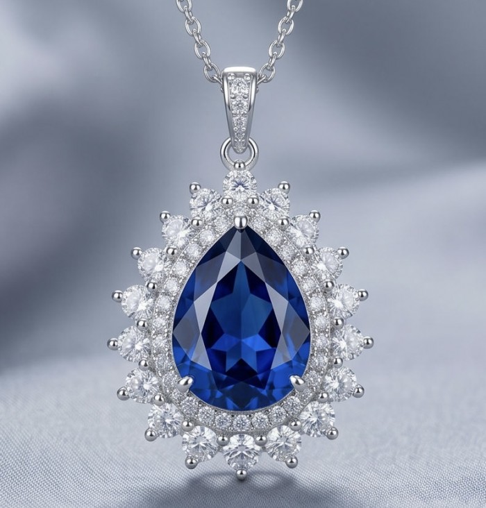 Authentic 14.5 carat Tanzanite rhodium over .925 Sterling Silver handmade necklace - Close-up of Tanzanite necklace with diamond accents, front view.