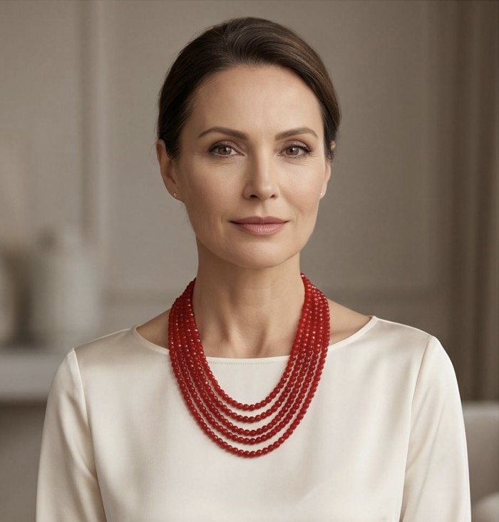 Talisman to banish fear and inspire action - Natural Carnelian Agate .925 Sterling Silver Necklace - Woman wearing multilayer red Carnelian necklace, front view.