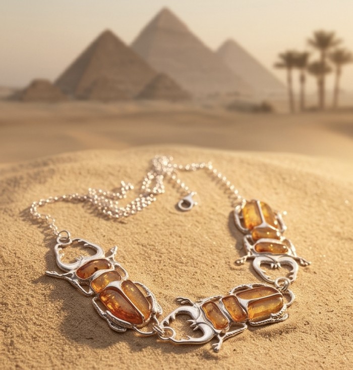 Unique creation - The Egyptian Scarab Beetles natural Baltic Amber .925 Sterling Silver handcrafted necklace - Close-up of Egyptian scarab beetle necklace on sand with pyramids background.