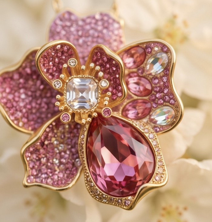 Cherry Blossom 38.5 carat Pink Topaz 14K Gold over .925 Silver handcrafted Statement necklace - Close-up of Cherry Blossom pink topaz and gold floral jewelry piece.