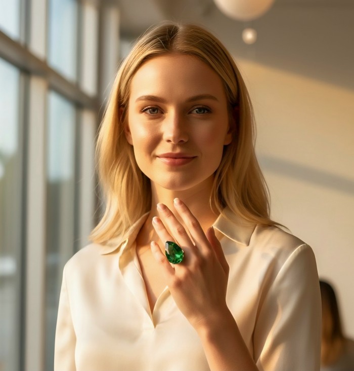 Exotic Beauty oval cut 29.5 carat Helenite .925 Sterling Silver handmade Ring s. 7 - Woman wearing Exotic Beauty oval cut 29.5 carat Helenite ring on hand