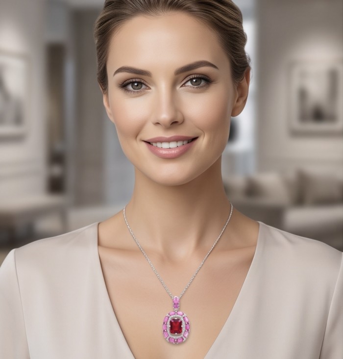 Giovanna 14.2 carat authentic Mozambique Ruby .925 Sterling Silver handmade Pendant - Woman wearing Giovanna 14.2ct Mozambique Ruby pendant necklace.