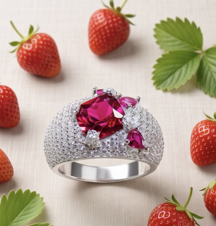 Scarlett 4.4 ctw Mozambique Ruby .925 Sterling Silver handcrafted Statement Ring size 8 - Ruby sterling silver ring with strawberries, top view.