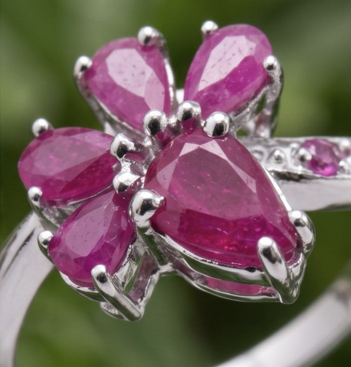 Blooming Garden 3.8 carat Mozambique Ruby rhodium over .925 Sterling Silver handmade Statement Ring size 9 - Close-up of Blooming Garden 3.8 ct Mozambique Ruby in rhodium setting