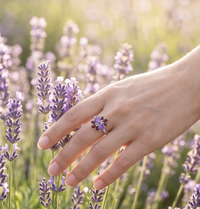 Flower 5.4 carat Amethyst rhodium over .925 Sterling Silver Handcrafted Ring size 9 - Amethyst ring on hand in flower field, showcasing stone close-up.