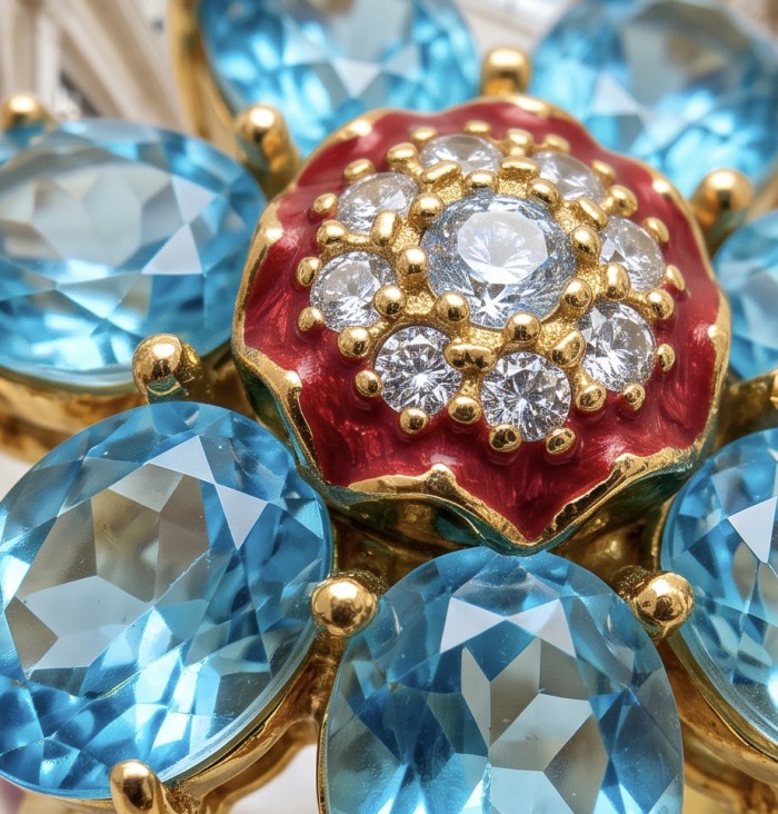 Enchanted Flower 25.3 carat Swiss Blue Topaz .925 Sterling Silver dipped in 22K Gold handcrafted ring size 7 1/4 - Close-up of Enchanted Flower Swiss Blue Topaz and crystal centerpiece.