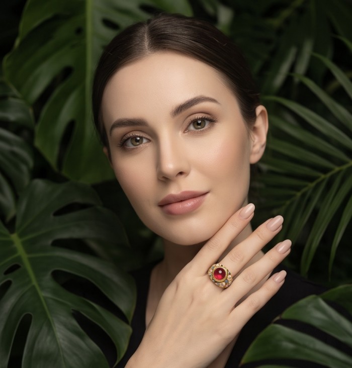 Giovanna 5.6 carat Kashmir Ruby .925 Sterling Silver dipped in 22K Gold handmade Statement Ring size 7 - Woman wearing Giovanna Kashmir Ruby ring, close-up amidst leaves.