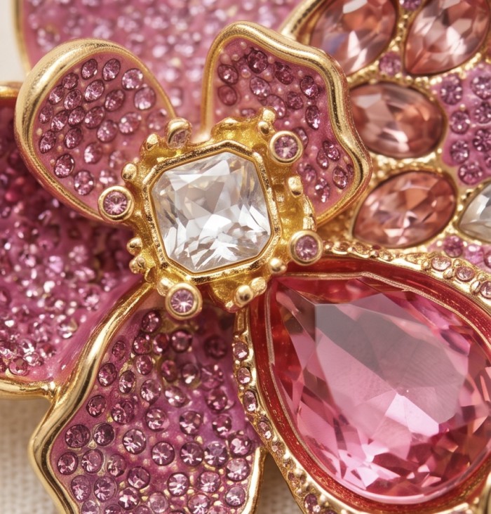 Wonderland 68.5 carat multicolor Pink Topaz 14K Gold over .925 Silver handcrafted Statement necklace brooch - Close-up of multicolor pink topaz jewelry with gold accents.