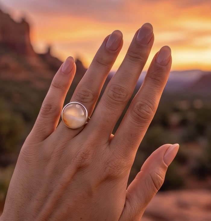 Bonfire Night best quality 19.4 carat Mexican Opal .925 Sterling Silver handmade ring 8 - Mexican Opal ring worn on hand against sunset background.