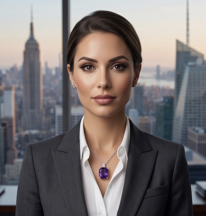 Classic design baquette cut 22.5 carat African Amethyst .925 Sterling Silver dipped in rhodium handcrafted necklace - Elegant amethyst necklace worn, with a cityscape background.