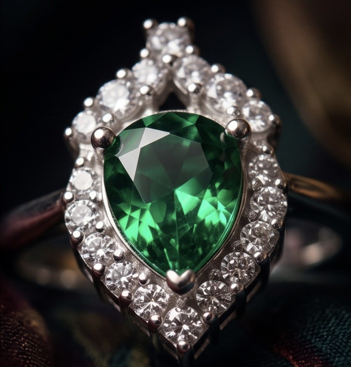 Vintage style - 2.9 carat authentic Tsavorite Garnet .925 Sterling Silver handcrafted Statement Ring s. 7 - Close-up of vintage Tsavorite Garnet ring with diamond halo.