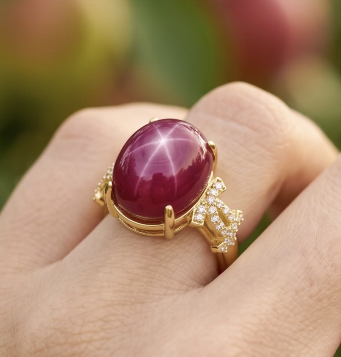 Bella Rosa Genuine 17.5 CARAT Ruby 18K Gold over .925 Sterling Silver Large Statement Ring size 8 - Ruby ring in gold setting worn on hand, close-up of stone and band.