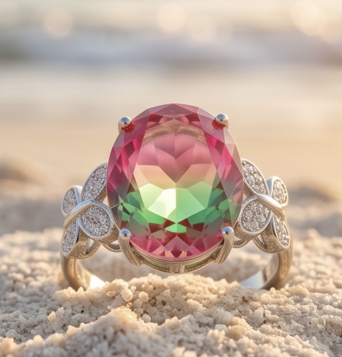 12.8 carat Brazilian Tourmaline .925 Sterling Silver dipped in rhodium Perfectly handcrafted Ring s. 8 1/2 - Close-up of Brazilian Tourmaline ring with floral silver accents.