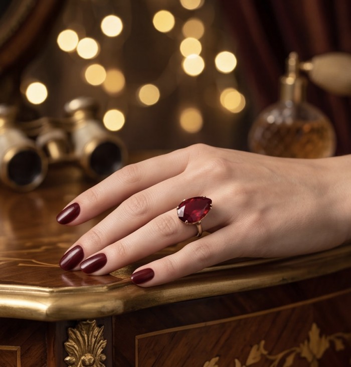 Carmen Natural 25.4 carat Ruby .925 Sterling Silver dipped in 22K Gold handmade Large Statement Ring size 5 3/4 - Ruby ring on hand with blurred background, luxurious and elegant setting