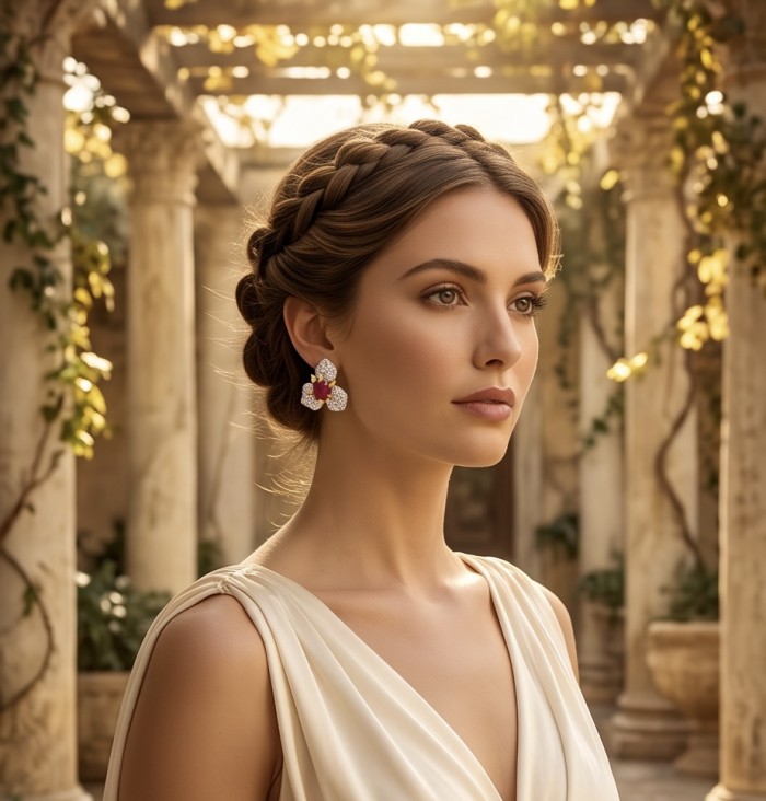 Exotica - authentic 7.9 carat Brazilian Garnet 2 tones .925 Sterling Silver dipped in rhodium handcrafted earrings - Side view: Exotica earrings with Brazilian Garnet worn on model.