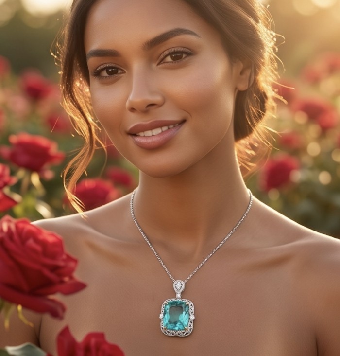 Wonderland 31.3 carat fancy baquette cut Paraiba Tourmaline 2 tones .925 Sterling Silver Handcrafted Statement necklace - Woman wearing Wonderland 31.3 ct Paraiba Tourmaline necklace in rose garden