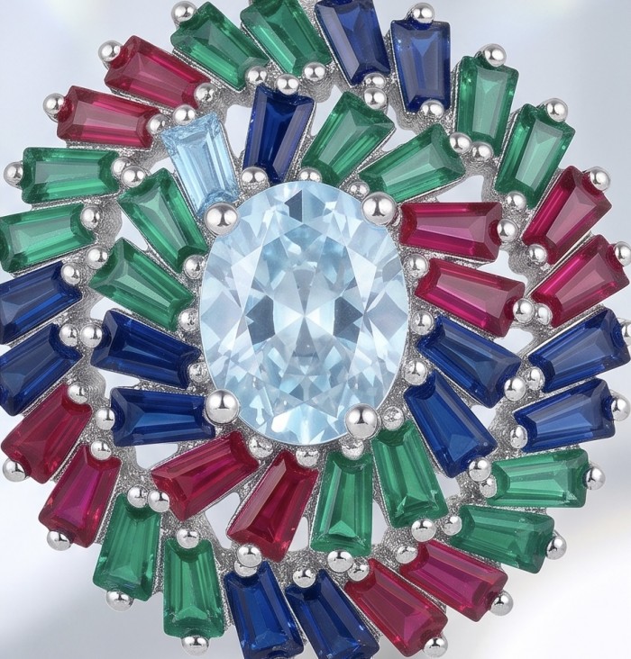 Genuine 6.8 carat Ruby rhodium over .925 Sterling Silver handcrafted Statement Earrings - Stone close-up of colorful gemstone ring with central blue stone.