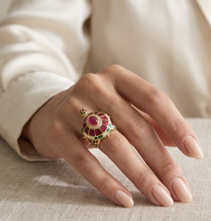 Good health and Long life Turtle Genuine 2.6 carat Ruby enamel .925 Sterling Silver dipped in 22K Gold handmade HUGE Ring size 6 - Turtle-shaped ruby ring worn on hand, showcasing detailed design.