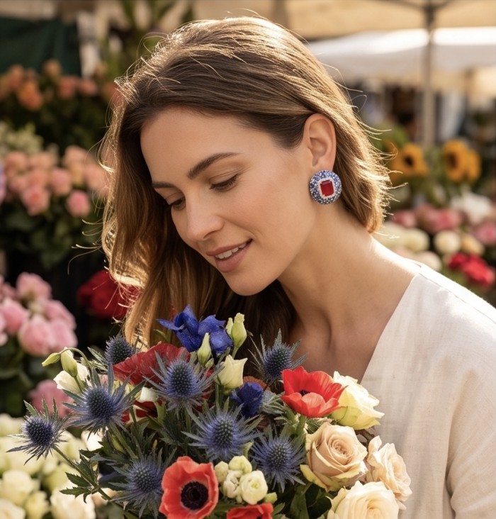 Giovanna - Magnificent Jewel - 15.2 carat Kashmir Ruby 4.8 pave Sapphire .925 Sterling Silver dipped in rhodium handcrafted incredible Statement earrings - Woman wearing Giovanna earrings with ruby at a flower market.