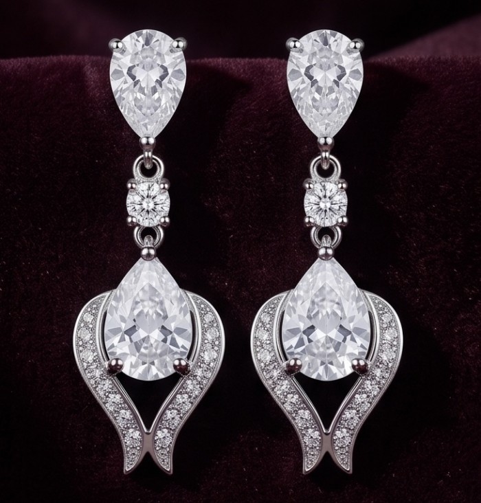 Top quality Sublime 3.8 carat White Topaz rhodium over .925 Sterling Silver handcrafted Earrings - Elegant white topaz drop earrings on dark velvet background.