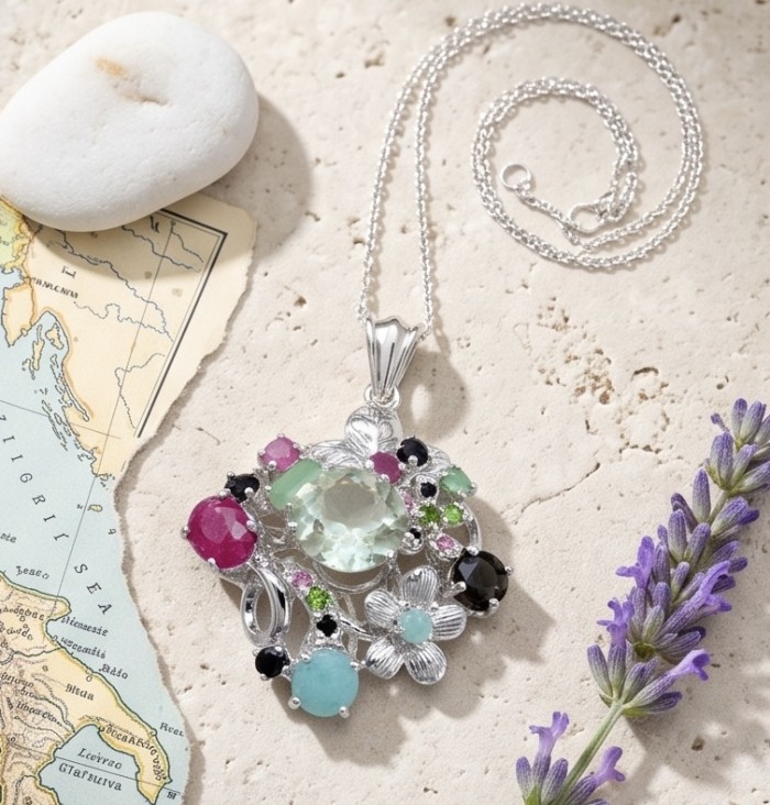Isabel Authentic 20.2 carat Green Amethyst Sapphire rhodium over .925 Sterling Silver handmade pendant - Pendant on stone background with map and lavender accents.