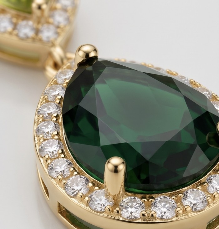 Natura - Authentic 4.5 CARAT natural Colombian Emerald 2.1 carat Peridot 22K Gold over .925 Sterling Silver handcrafted earrings - Close-up of Natura Colombian emerald with diamond accents