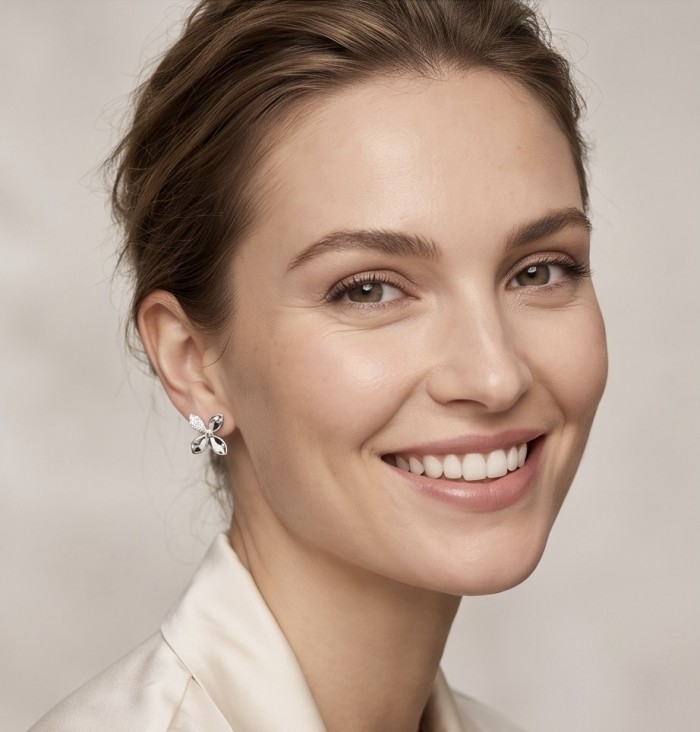Authentic 0.5 CARAT natural pave White Topaz .925 Sterling Silver handcrafted earrings - Woman wearing sterling silver and white topaz floral earrings.
