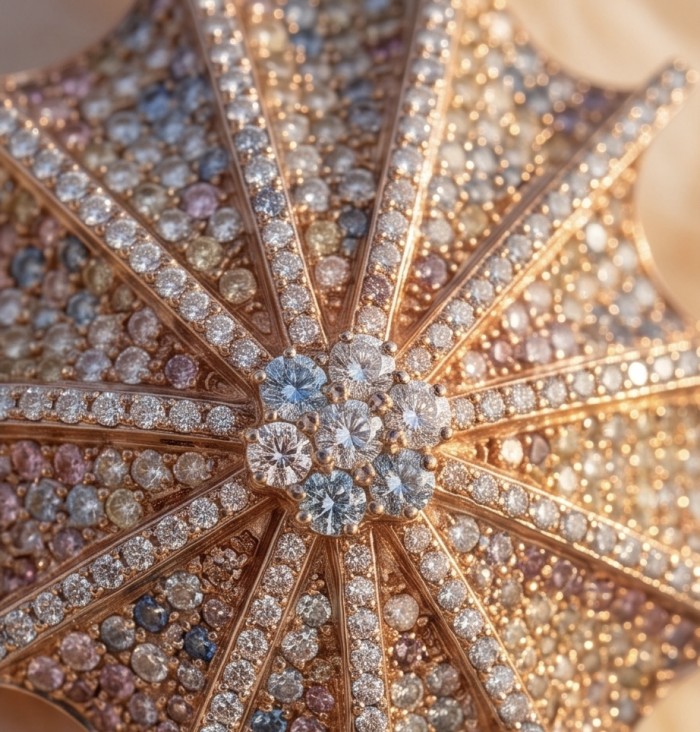Oceania Precious 4.1 carat pave White Topaz 18K Rose Gold over .925 Sterling Silver Golden Handcrafted Earrings - Close-up of Oceania Precious 4.1 carat White Topaz in 18K Rose Gold.